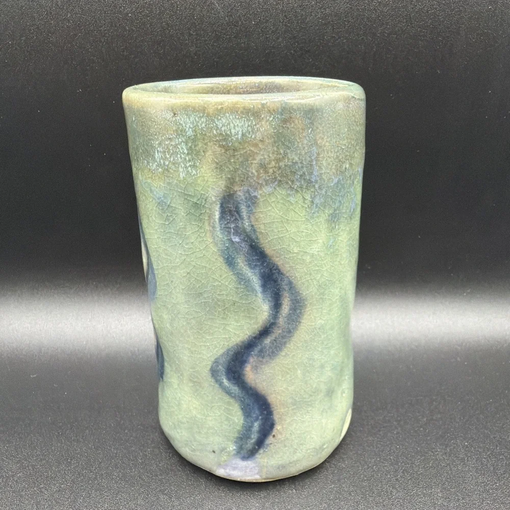VTG Handmade Container Vase Pencil Toothbrush Holder Green Blue 5 In Tall